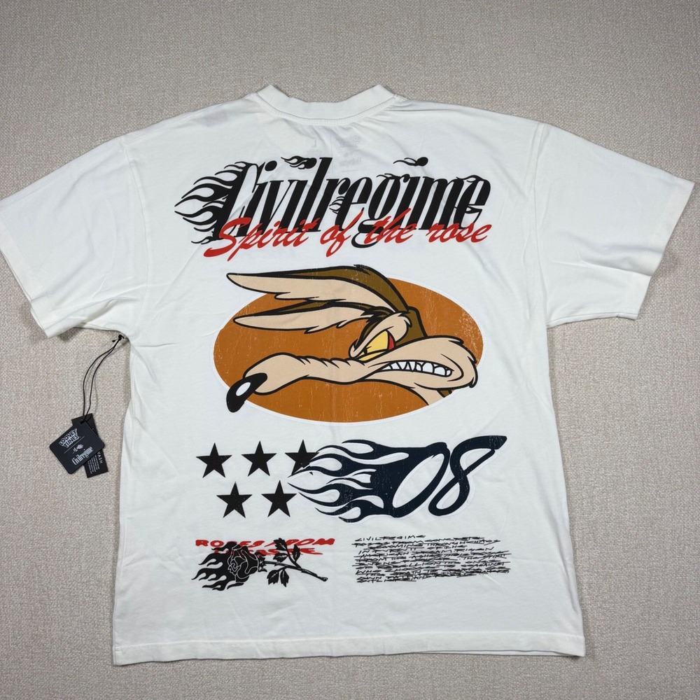 Civil Regime Looney Tunes Wile E Coyote Racing Oversized Tee‎ Butter White L NEW